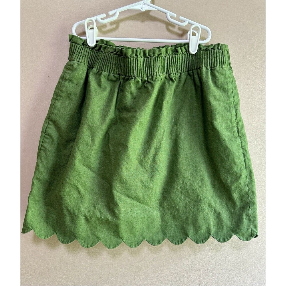 J. Crew Skirt 8 Green Linen Cotton Pull On‎ Scalloped Hem Elastic Waist Preppy